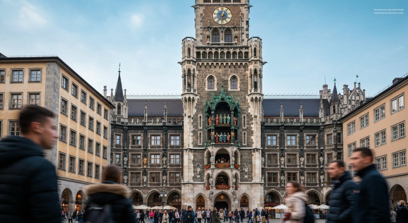 the Neues Rathaus facade above Marienplatz during the 11am Glockenspiel, with the square packed below and the copper figures visible in the tower opening