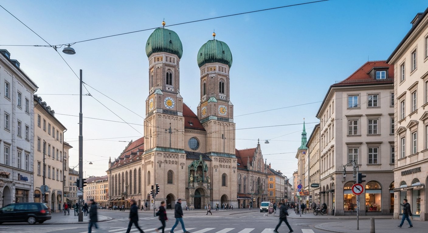 the Frauenkirche twin onion domes seen from a street-level angle in the old town, with pale brickwork and pedestrians crossing the foreground