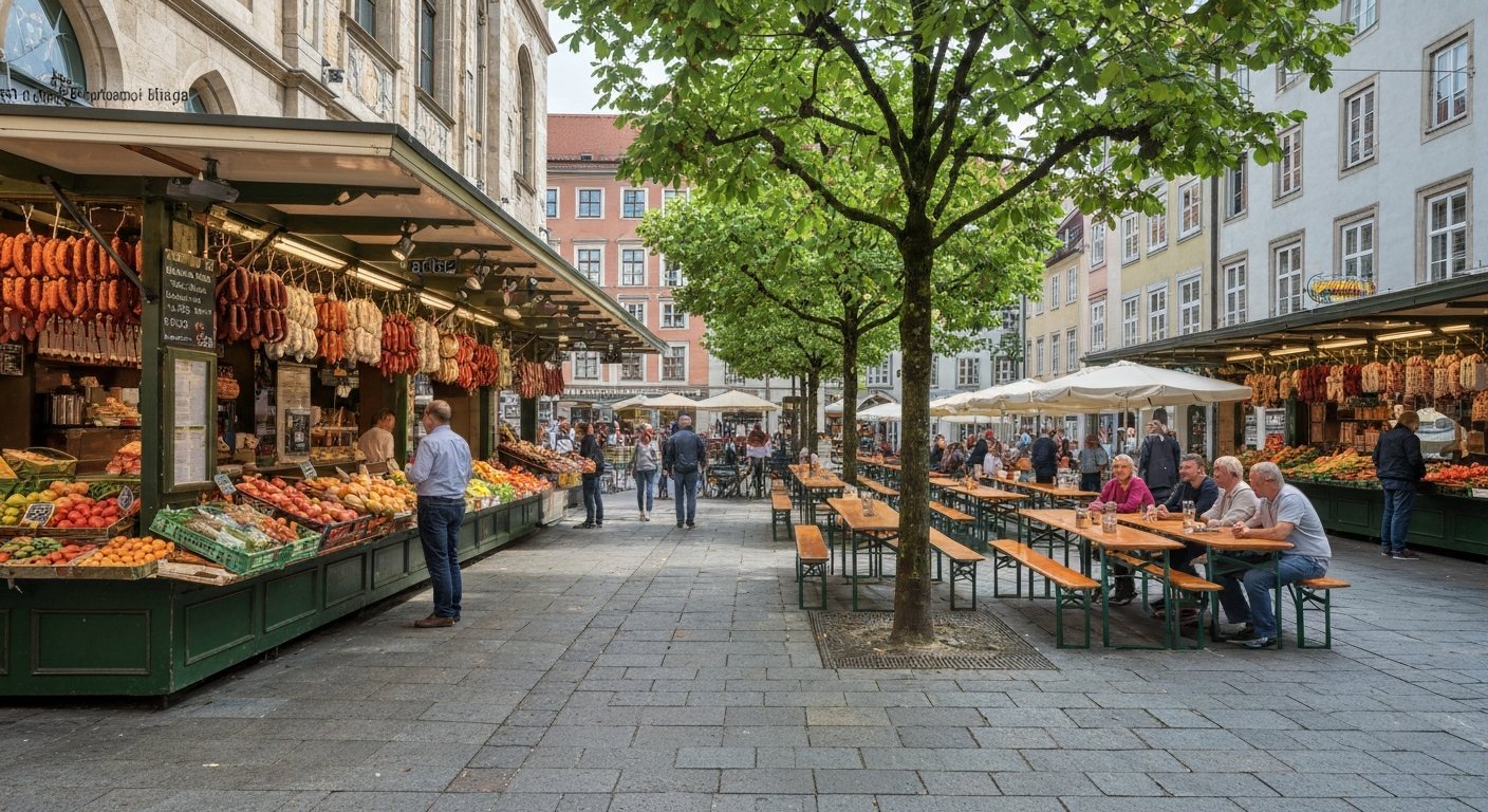 the Viktualienmarkt in daylight with produce stalls, hanging sausages and the central beer garden tables under chestnut trees