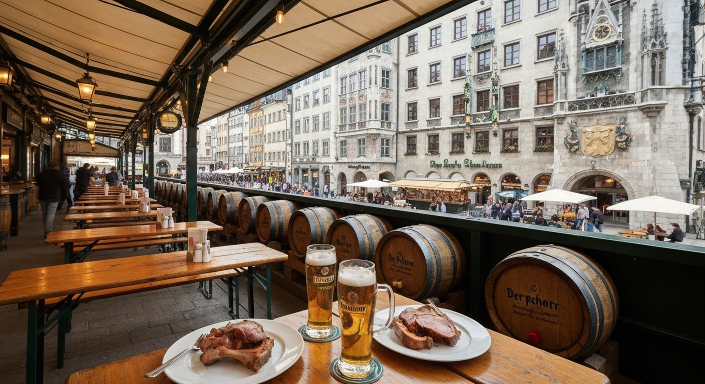 Der Pschorr terrace overlooking the Viktualienmarkt stalls, with wooden barrels, beer glasses and roast pork plates on the tables