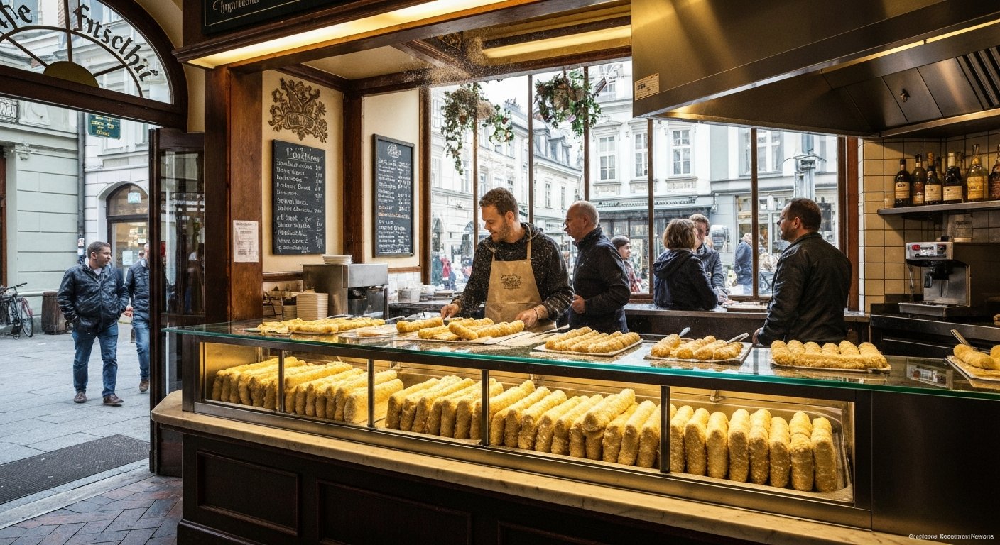 the interior counter at Café Frischhut with fresh Schmalznudeln being fried, powdered sugar in the air and customers waiting at the window
