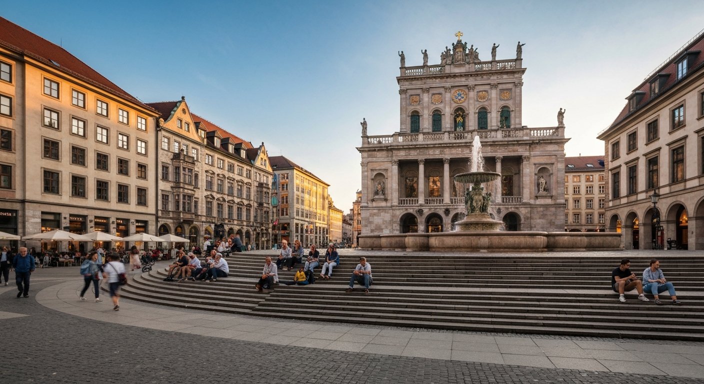 Gärtnerplatz in Munich at golden hour, with the stepped facade of the Gärtnerplatztheater, the fountain and people sitting on the square’s broad steps