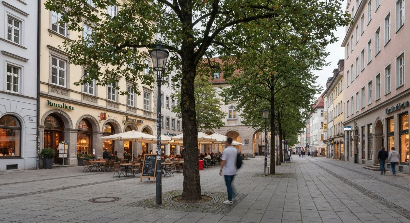 Pariser Platz in Haidhausen at late afternoon, low bistro-fronted buildings, mature trees and a few pavement tables under soft light