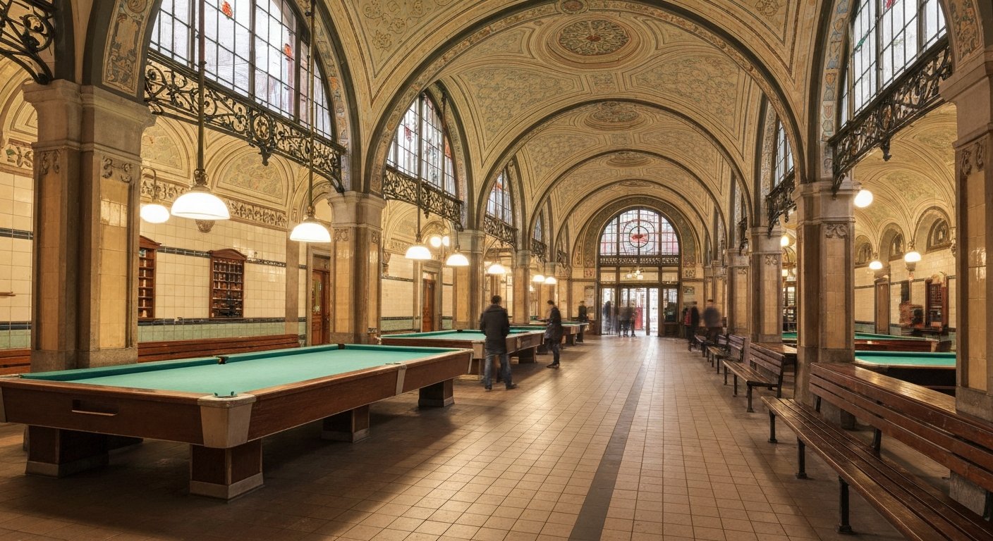 Müller'sches Volksbad interior, vaulted Art Nouveau pool hall with warm light on tiled surfaces and elegant ironwork