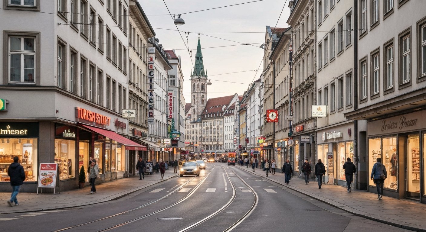 Goethestrasse in Ludwigsvorstadt with Turkish supermarkets, halal butchers and bridal shops, late-afternoon street life and tram wires overhead