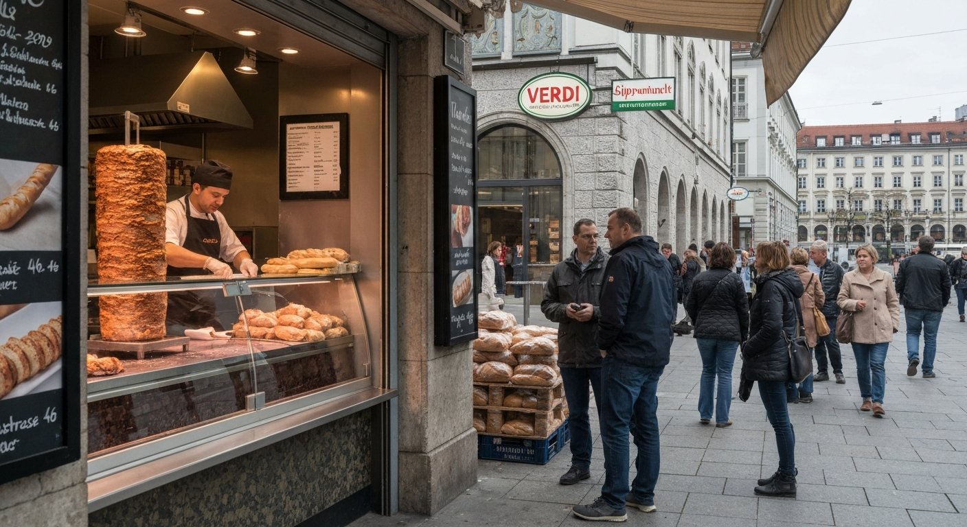 the queue outside Verdi Süpermarkt on Landwehrstrasse 46, with a veal doner being carved at the butcher’s counter and loaves of bread stacked nearby