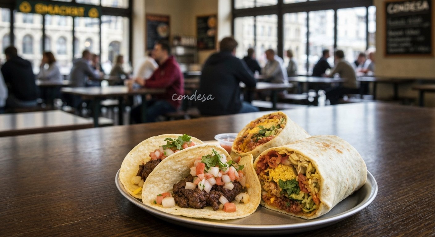 soft-corn tacos and a burrito at Condesa on Bahnhofplatz 5, casual station-side counter service with bright daylight from the windows