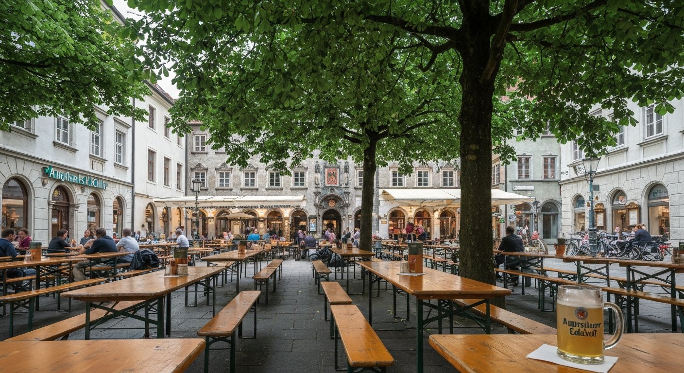 Augustiner-Keller at Arnulfstrasse 52 under chestnut trees, long wooden tables and a stein of Augustiner Edelstoff in the foreground