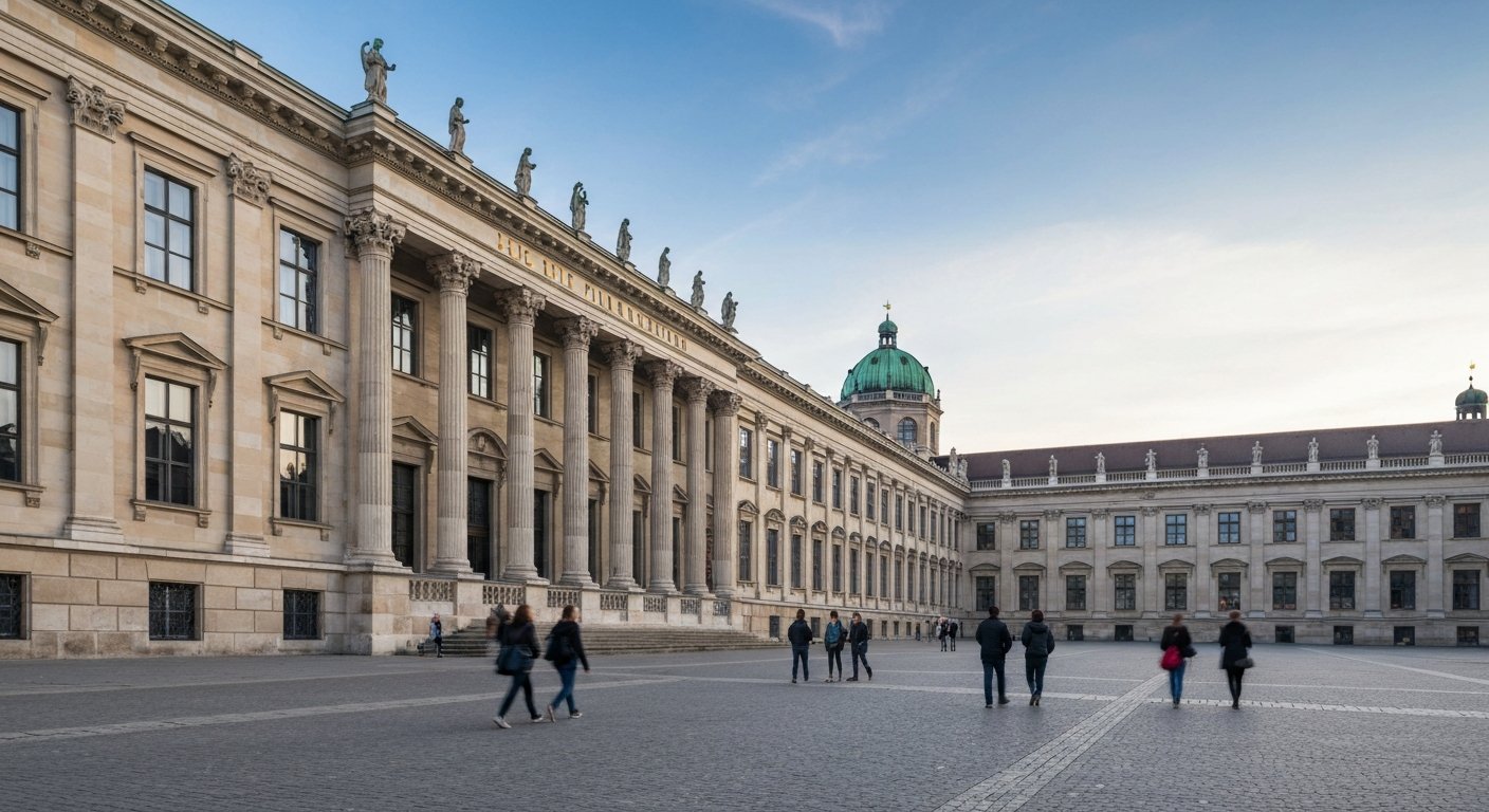 the Alte Pinakothek’s long neoclassical façade in soft morning light, with museum visitors crossing the forecourt