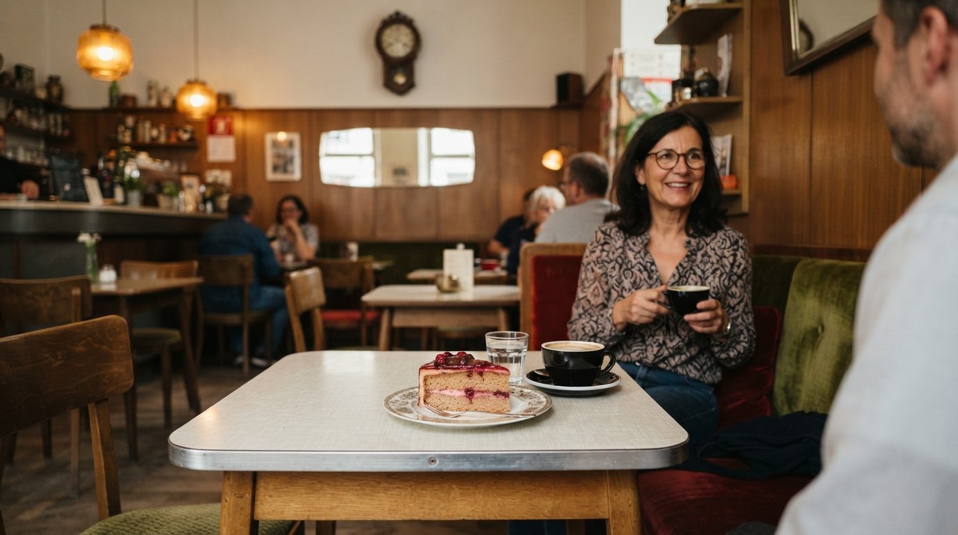 Café Jasmin’s 1950s interior with vintage seating, warm lamps and a slice of homemade cake on a small plate