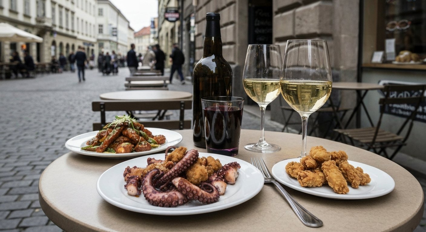 a small table at Tío on Theresienstraße 134 with pimientos de padrón, fried octopus and a glass of wine