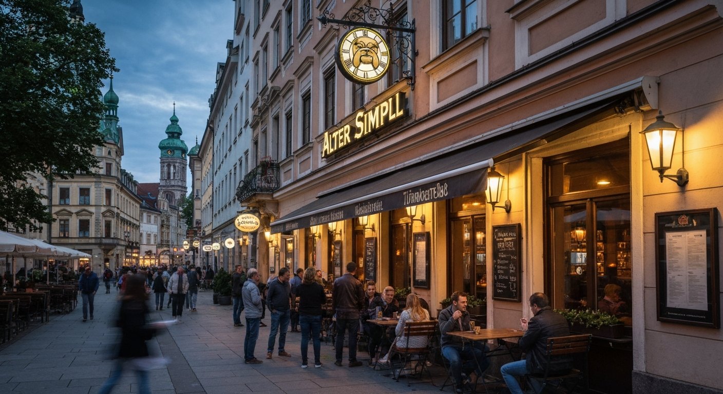 Alter Simpl’s bulldog sign above the Türkenstraße entrance at dusk, with warm light spilling from the pub windows