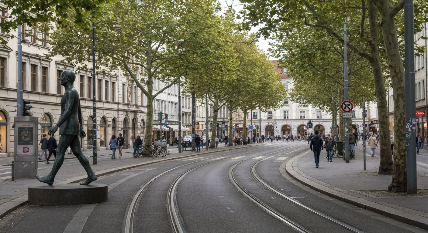 Jonathan Borofsky’s Walking Man sculpture along Leopoldstraße in Schwabing, seen from street level with tram tracks and plane trees in late afternoon light