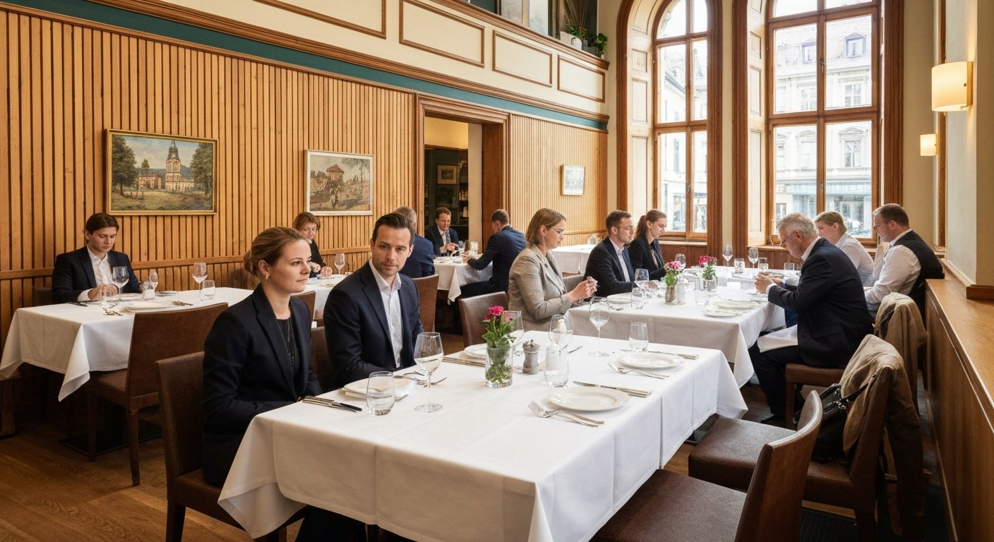 the dining room at Tantris in Schwabing, 1970s interior lines and a formal Michelin-starred table set for lunch