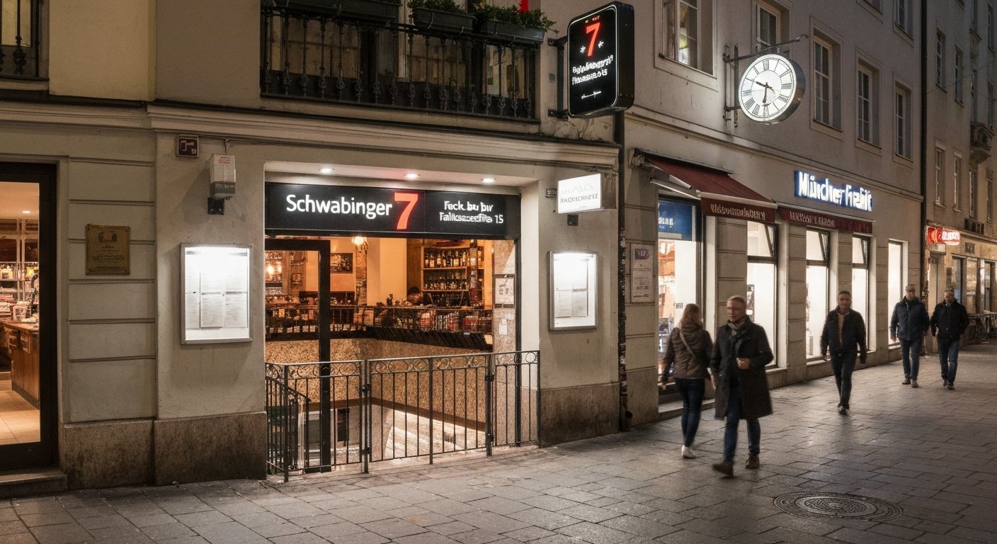 Schwabinger 7 on Feilitzschstraße 15 at night, a low-lit subterranean entrance with rock-bar atmosphere and pedestrians outside Münchner Freiheit