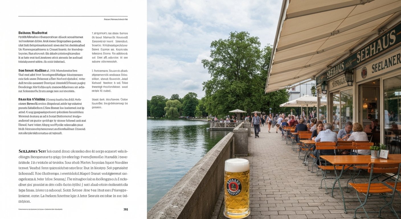 the Seehaus beer garden on Kleinhesseloher See in the English Garden, waterfront tables, Paulaner beer and walkers along the lake path on a bright afternoon