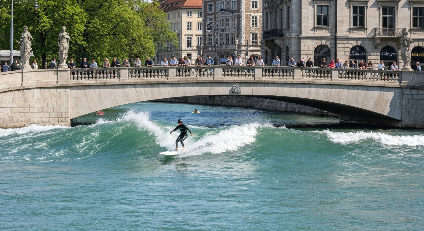 a surfer riding the Eisbachwelle near the Haus der Kunst in Schwabing, spectators on the bridge watching the standing wave in clear daylight